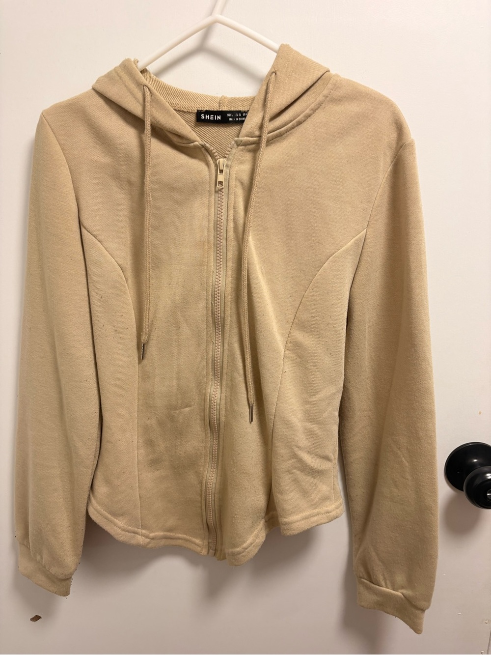SHEIN Light Beige Drawstring Zip Hoodie